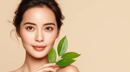 Young Asian woman with glowing skin and a green leaf against a beige backdrop Spa treatment skincare beauty Natural cosmetics idea