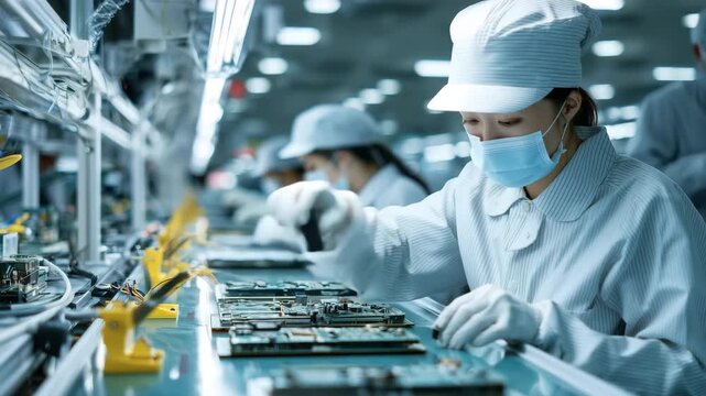 基板治具へ部品を正確に装着する女性の手元作業