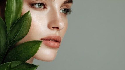Young attractive woman adorned with green leaves Concept of skincare treatments Close up of a girl s face with foliage White model showcasing clear healthy skin in the studio
