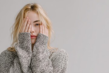 Young blonde woman in a sweater obscuring her eyes with her arm appearing serious and melancholy themes of blindness concealment and rejection