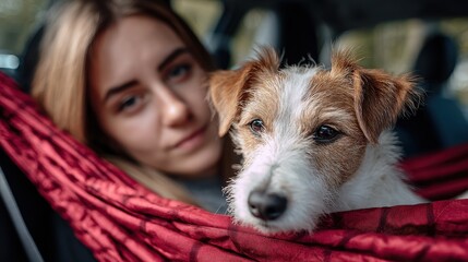 Young blonde girl in car with dog in front seat hammock Travel safely with your pet Woman petting Jack Russell Girl is in focus dog is blurred