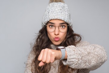 Young brunette hipster in glasses and a winter hat frustrated and angry about missing a deadline while checking her watch