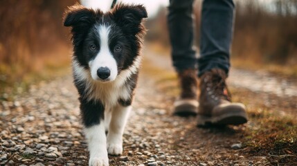 Young border collie and owner strolling together theme of pets and animals
