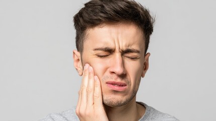 Young man on gray background touching his face eyes closed showing pain from a dental issue