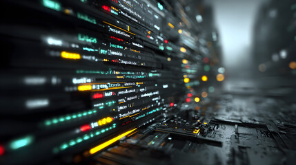 Layered code screens with glowing syntax and data points, futuristic tech ambience, moody