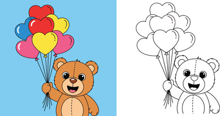 Cute teddy bear holding colorful heart balloons with coloring page outline. Vector illustration for kids and Valentine's Day design.
