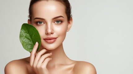 Young woman with green leaves by her face highlighting skincare Close up of a model s clean healthy complexion in the studio
