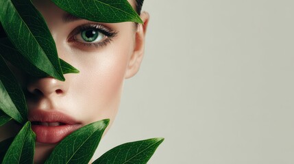 Young woman with green foliage by her face and body promoting skincare beauty Close up of a girl s face with greenery White model showcasing clear healthy skin posing in a studio