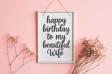 Romantic birthday message on framed sign with flowers on pink background