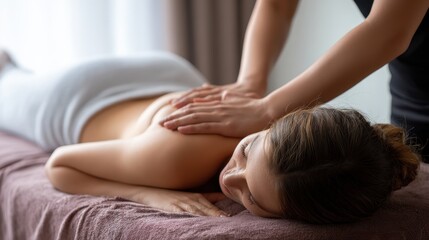 Young woman receiving a tummy massage at a spa A therapist is providing treatment in a residence Focus on relaxation and body care