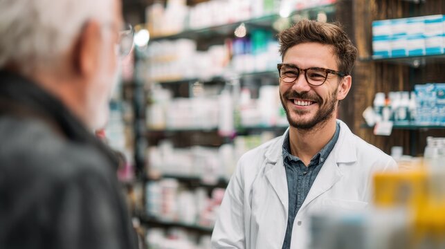 Young pharmacist converses with male shopper in a pharmacy attention on him