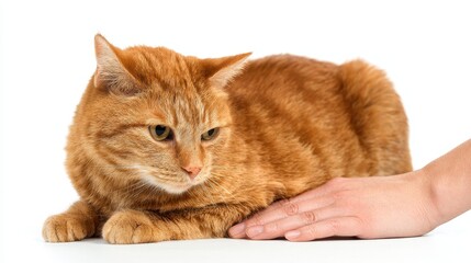female hand petting an orange cat on a plain white background