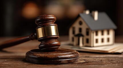 wooden gavel next to house replica on table