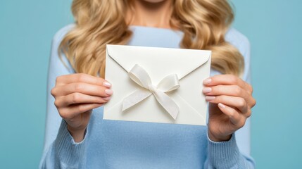 young blonde woman holding an envelope decorated with a white ribbon and bow symbolizing love or a reward