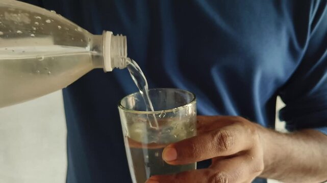 Closeup of person hand holding plastic bottle pour fresh drinking water into glass for consumption and offering. Liquid daily intake and hydration concept.