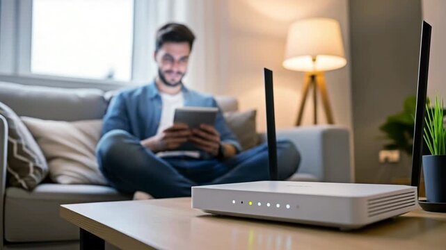 Man connected to the internet through the wifi router at home for the concept of modern technology.