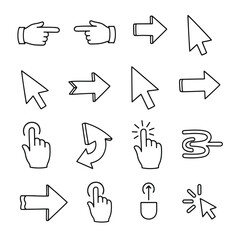 Black and white line of hands pointing and computer mouse in various positions