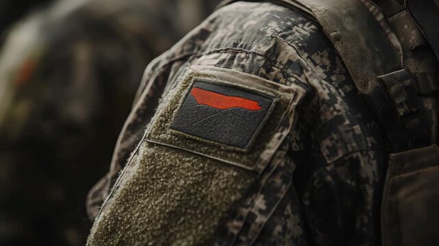A soldier's uniform with camo pattern, badges and patches indicating service branch, rank or campaign ribbons.