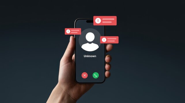 Phone screen alerting unknown scam call. Concept of phone fraud, spam calls, scammer warning system, and cybersecurity protection. Mobile safety technology against phishing and fake calls.
