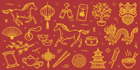 Collection of Chinese New Year symbols and decorations in gold outline on a red background, including horses, dragons, lanterns, and traditional ornaments. © Riki