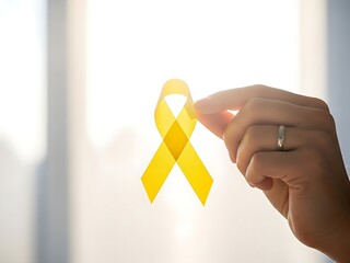 Beautifully lit yellow ribbon held between fingers against a blurred white backdrop for medical awareness and charity campaigns.