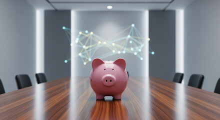 Professional image of a pink piggy bank on a wooden conference table in a modern office setting, symbolizing savings, financial growth, and economic prosperity for business and investment concepts