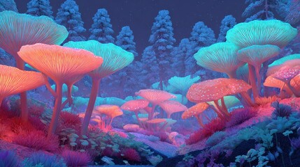 A group of mushrooms in a forest with a full moon