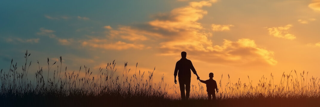 Father and son walking hand in hand at sunset family