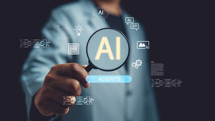 Hand hold magnifying glass AI agents concept, with artificial intelligence icons, data elements, and automation symbols, representing intelligent agents, smart systems and advanced digital technology.