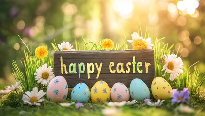 Happy Easter Sign with Decorated Eggs in Grass bf8c3a929fcd