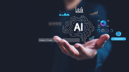 Hand presenting artificial intelligence interface with AI brain icon, data charts, command prompt, representing generative AI, data analytics, machine learning, modern business technology innovation.