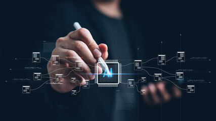 Hand drawing an AI chip diagram with connected data nodes and flow lines, visualizing artificial intelligence architecture, machine learning pipelines, data processing and modern digital technology.