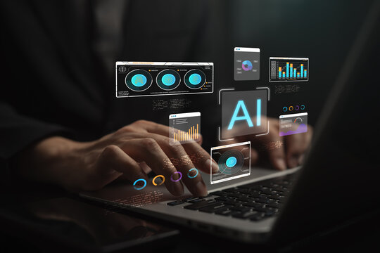 Hands typing laptop with AI dashboards, data charts, analytics panel, representing artificial intelligence software, machine learning workflow, data visualization, modern digital business technology. - Powered by Adobe