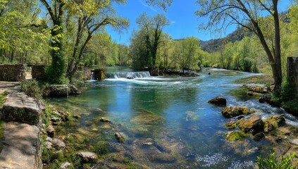 Tranquil river scene with clear water, lush greenery, and stone structures