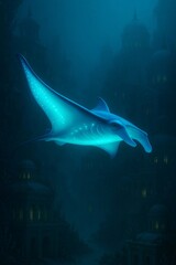 Bioluminescent manta ray soaring above ancient underwater ruins, creating a mystical and ethereal deep sea scene