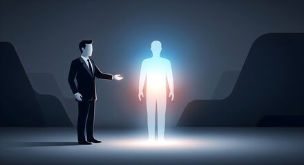 Businessman presenting a glowing digital human silhouette representing artificial intelligence, virtual identity, or future employee recruitment concept.