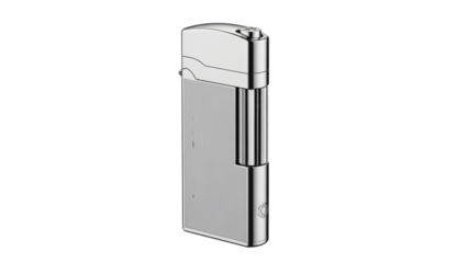 A sleek, metallic handheld lighter, with a rectangular body and a cylindrical section, set against a black background