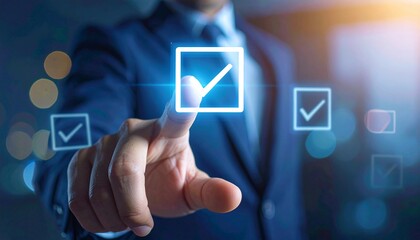 A businessman's hand presses a glowing checkmark within a digital square, symbolizing task completion, success, and verification in a business context, amidst a blurred background