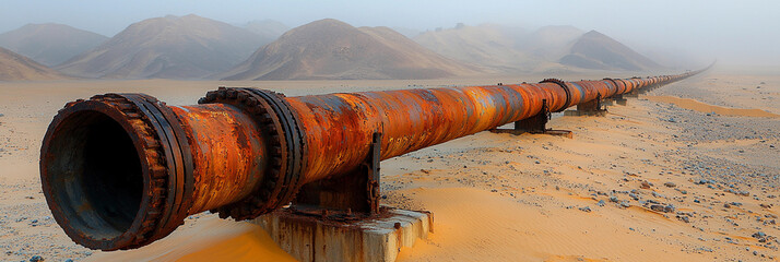 Long oil pipeline stretches across desert landscape in distant view Generative AI