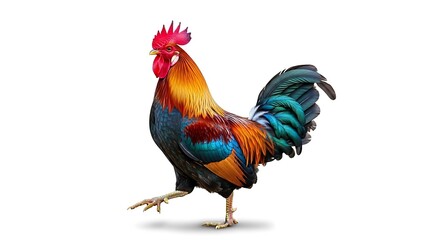 Magnificent Colorful Rooster Strutting on White Background: Detailed Full Body Portrait of a Vibrant Farm Bird, Featuring Brilliant Red Comb, Golden Hackle, and Iridescent Teal Tail Feathers.