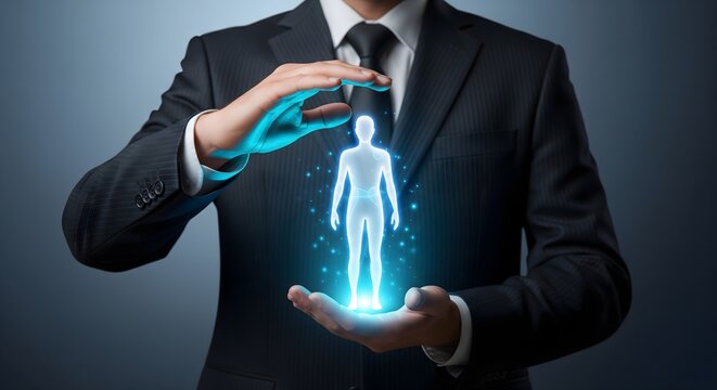 Businessman hands protect a glowing abstract human figure symbolizing life, health, security, and medical protection in a digital concept.