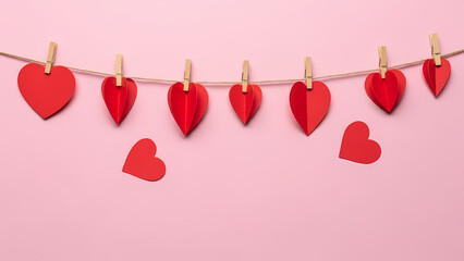 Red Paper Hearts Hanging on Pink Background, Valentine's Day Decor
