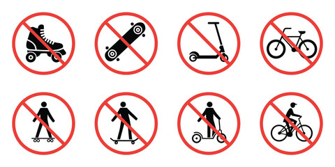 Ban rollerskate silhouette icon set featuring bike forbid pictogram, skateboard, roller skate, and kick scooter symbols, including permitted green icons and no allowed skating signs,  © WelcomeJune