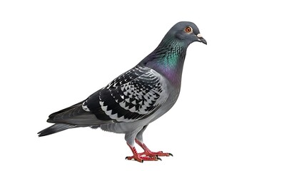 Naklejka premium Majestic Feral Pigeon (Rock Dove) Profile Isolated on White Background. High-Detail Studio Cutout of a Common City Bird with Iridescent Plumage and Bright Orange Eye.