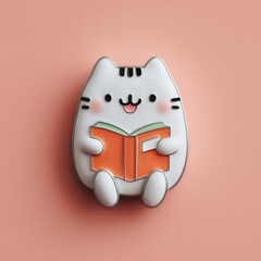 A kawaii-style enamel pin of a smiling chubby cat holding an orange book, radiating joy and playful charm.