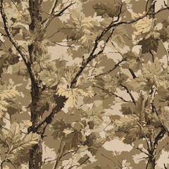 Seamless woodland camo with oak, pine, dry leaves, and mossy bark, ideal for fabrics, hunting gear, and military apparel.