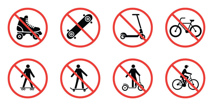 Ban rollerskate silhouette icon set featuring bike forbid pictogram, skateboard, roller skate, and kick scooter symbols, including permitted green icons and no allowed skating signs, 