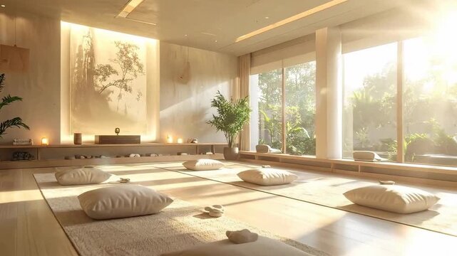 Zen yoga studio interior with cushions, plants, and natural light creating a peaceful atmosphere.
