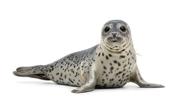 Realistic Spotted Harbor Seal (Phoca vitulina) Lying Down and Staring Directly at Camera, Cute Marine Mammal Isolated on Pure White Background for Design Use and Wildlife Education