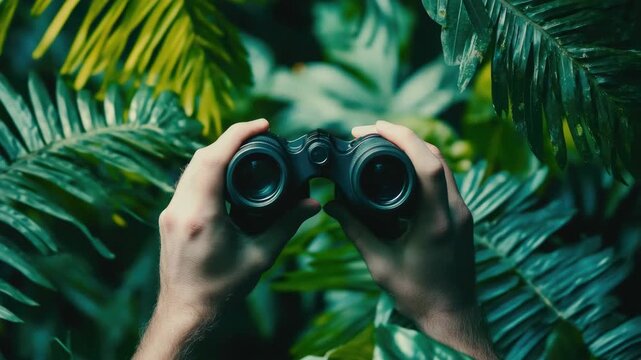 Person using binoculars to observe wildlife, nature or landscape from tropical jungle. Adventure exploring and trekking.